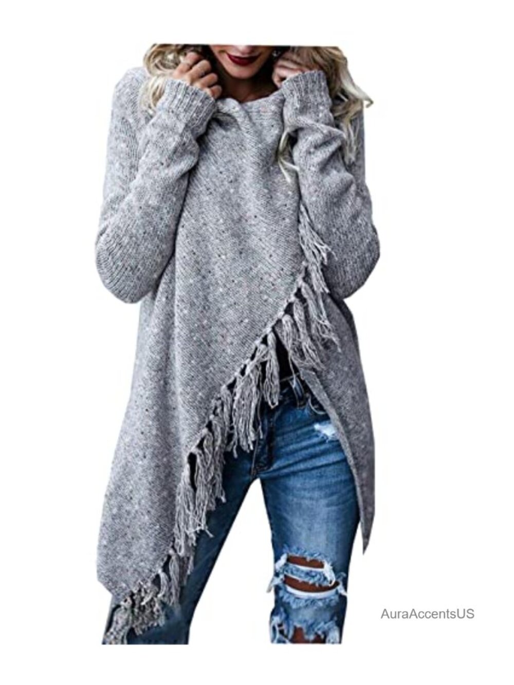 Acrylic Open Front Cardigan Cowl Neck Long Sleeve Tassel Fringe Loose Knit